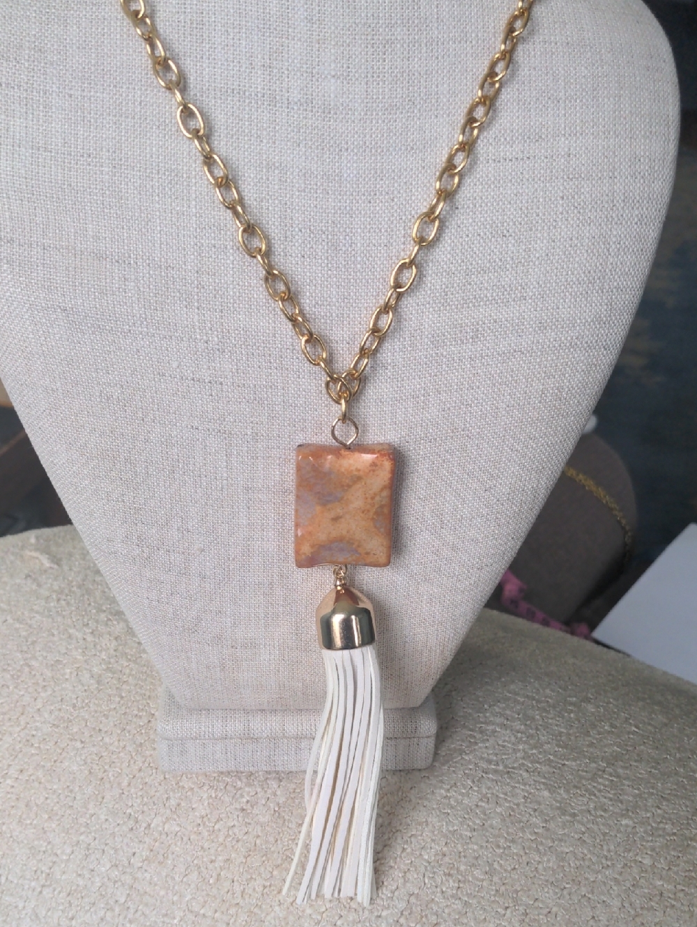 Crazy Lace Statement Gemstone  Pendant & Long Cream Tassel,  38" Adj. Chain
